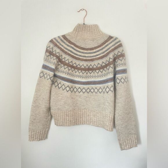 Marled Sweater Fair Isle Beige Tan Women Mock Neck Ski Holiday Wool Blend small - Picture 2 of 6